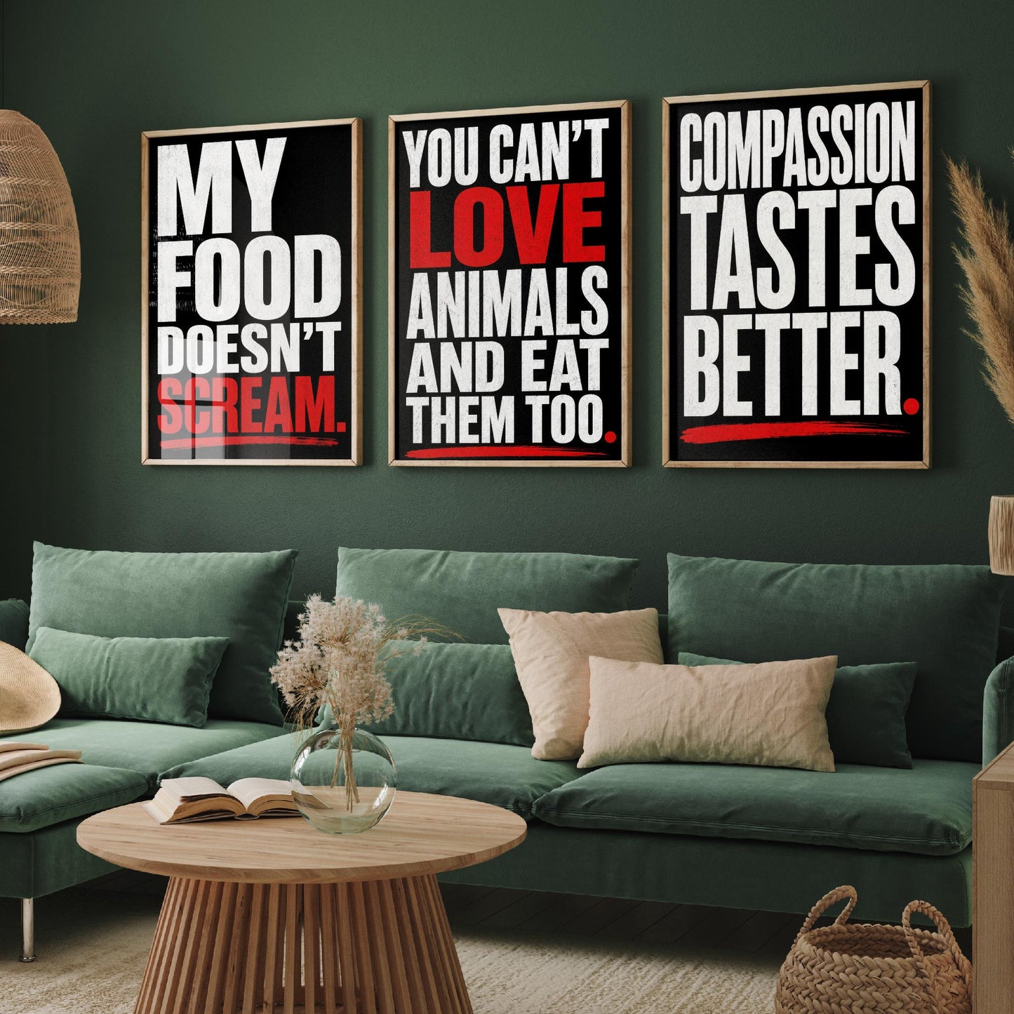 My Food Doesnt Scream Set of Three Art Prints | Cant Love Animals Compassion Tastes Better | Typography Poster Illustration