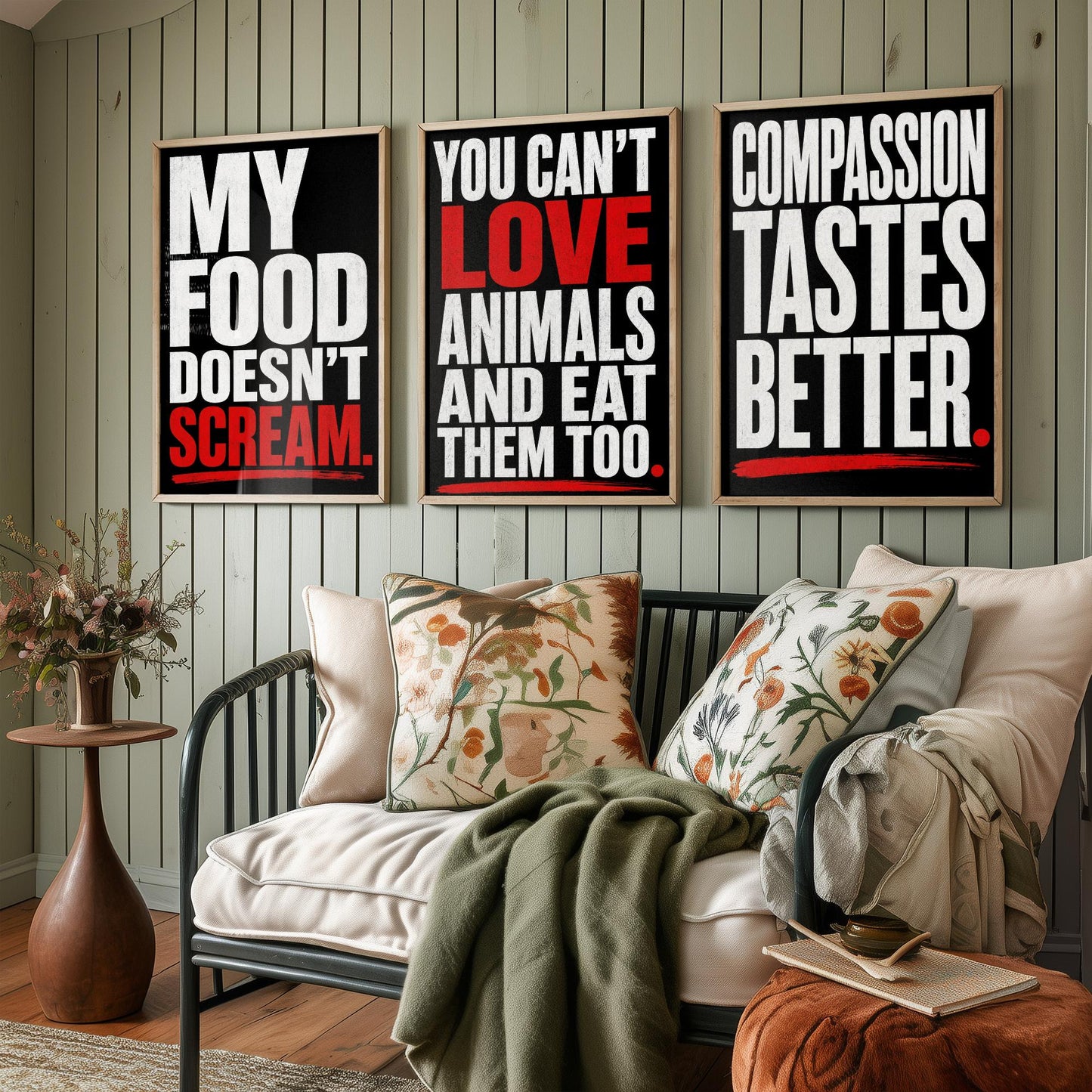 My Food Doesnt Scream Set of Three Art Prints | Cant Love Animals Compassion Tastes Better | Typography Poster Illustration