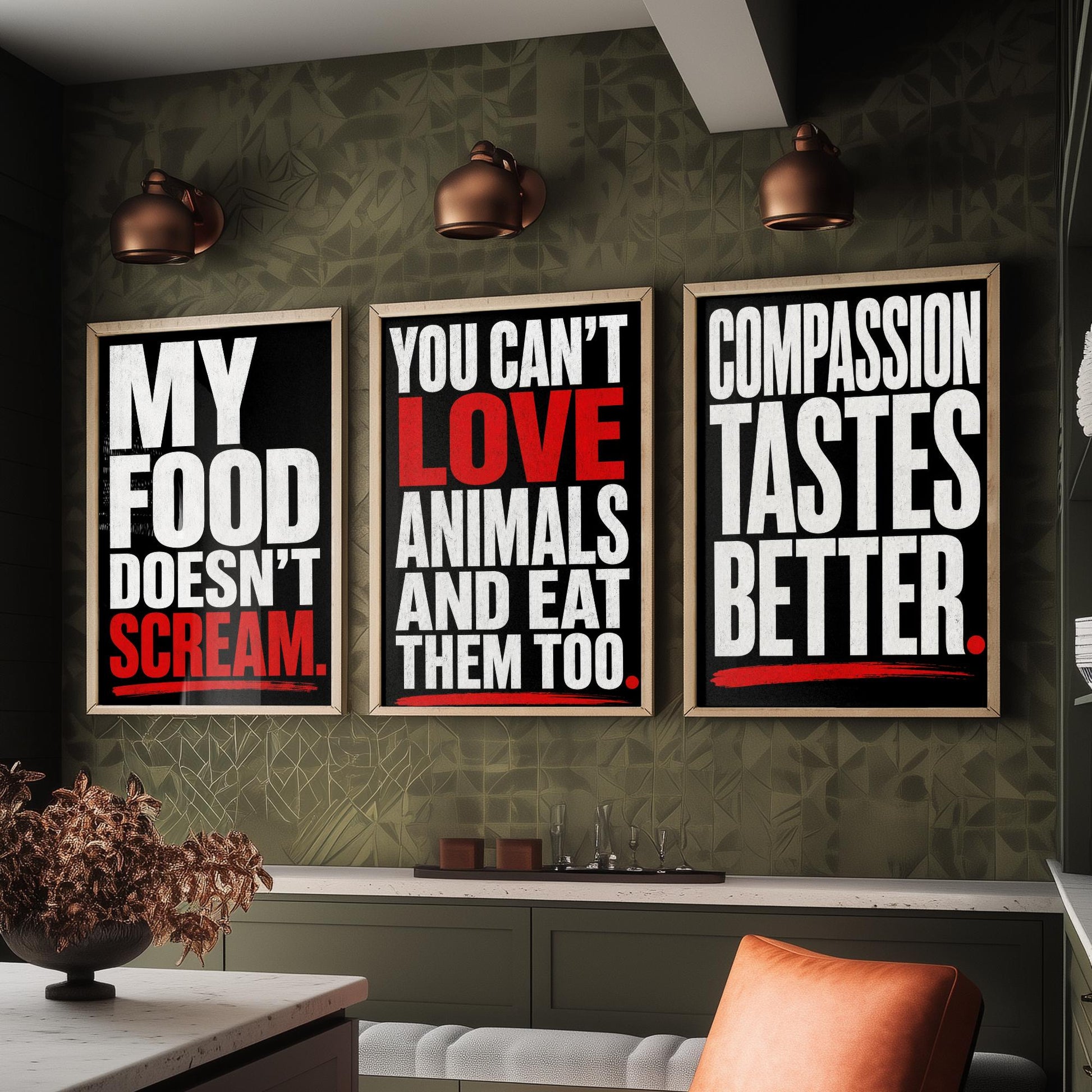 My Food Doesnt Scream Set of Three Art Prints | Cant Love Animals Compassion Tastes Better | Typography Poster Illustration