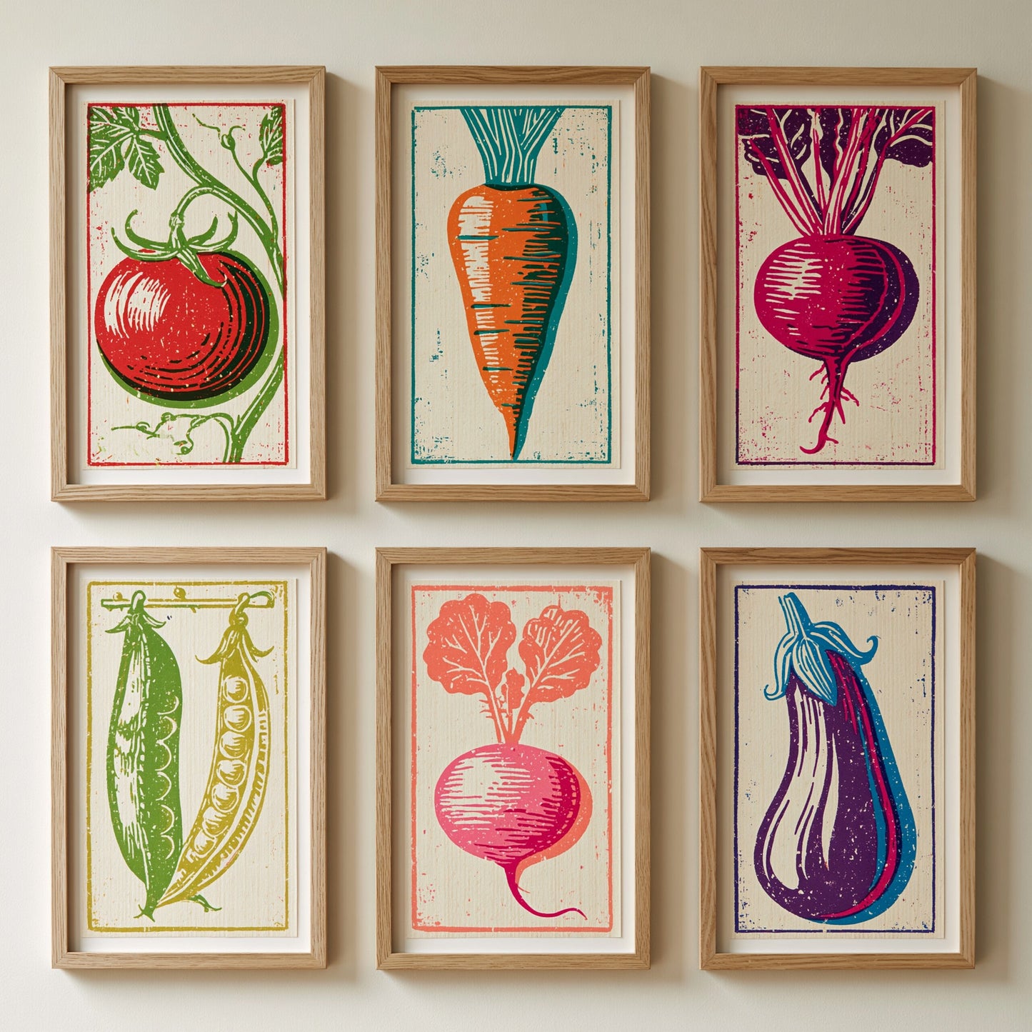 Set of Six Vegetable Linocut Art Prints - 6 Kitchen Illustrations - Tomato, Carrot, Beetroot, Pea Pods, Radish, Aubergine - Poster