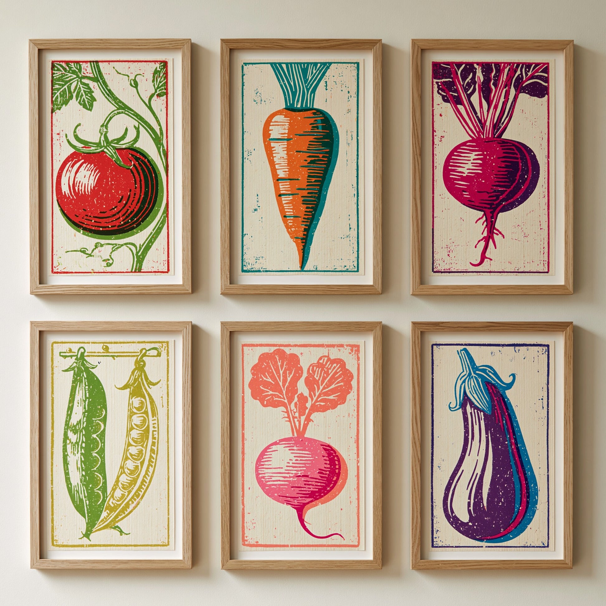 Set of Six Vegetable Linocut Art Prints - 6 Kitchen Illustrations - Tomato, Carrot, Beetroot, Pea Pods, Radish, Aubergine - Poster