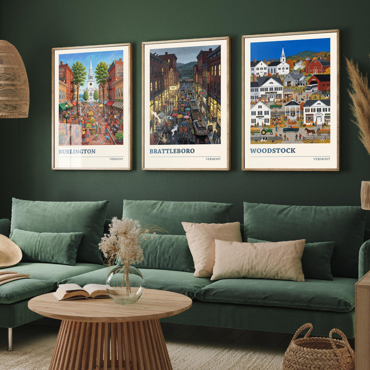 Vermont Set of Three Art Prints - Burlington, Brattleboro, Woodstock - 3 Colourful Folk Illustration Travel Posters - New England Painting