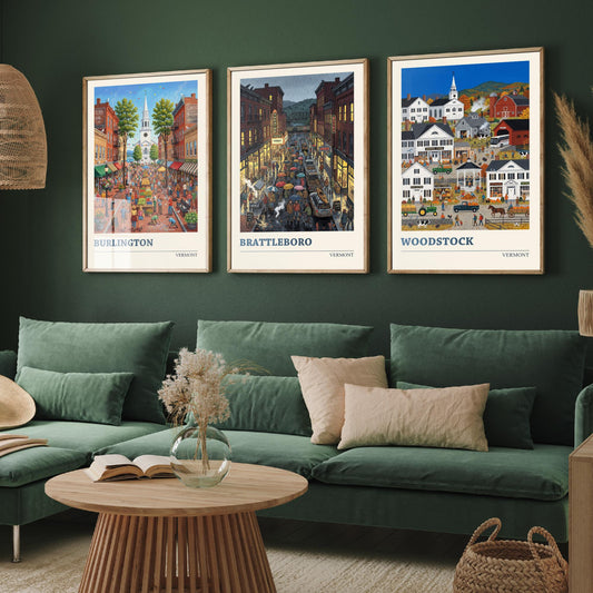 Vermont Set of Three Art Prints - Burlington, Brattleboro, Woodstock - 3 Colourful Folk Illustration Travel Posters - New England Painting