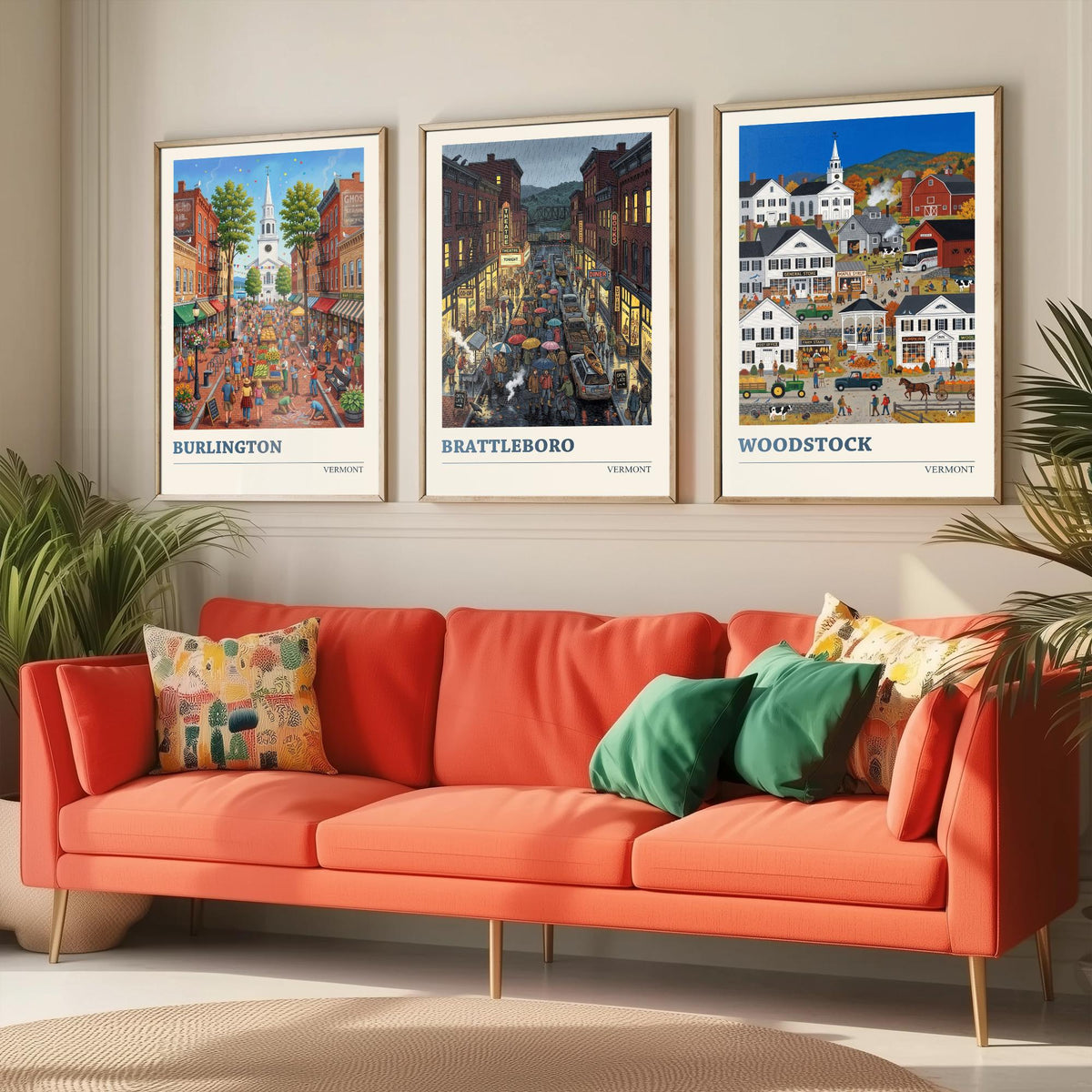Vermont Set of Three Art Prints - Burlington, Brattleboro, Woodstock - 3 Colourful Folk Illustration Travel Posters - New England Painting