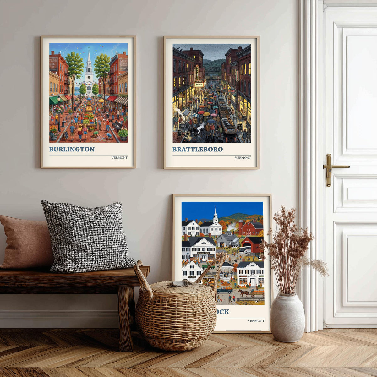 Vermont Set of Three Art Prints - Burlington, Brattleboro, Woodstock - 3 Colourful Folk Illustration Travel Posters - New England Painting