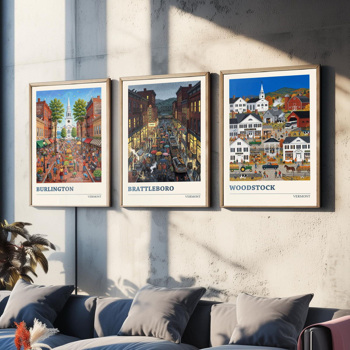 Vermont Set of Three Art Prints - Burlington, Brattleboro, Woodstock - 3 Colourful Folk Illustration Travel Posters - New England Painting
