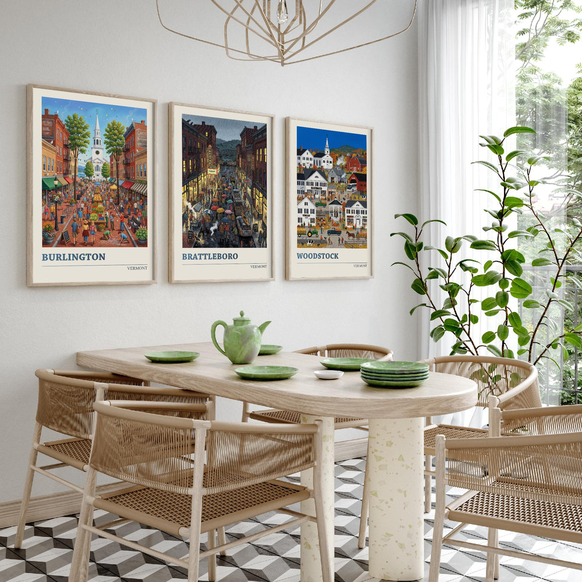 Vermont Set of Three Art Prints - Burlington, Brattleboro, Woodstock - 3 Colourful Folk Illustration Travel Posters - New England Painting