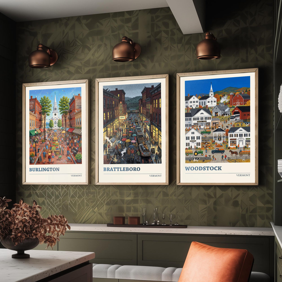 Vermont Set of Three Art Prints - Burlington, Brattleboro, Woodstock - 3 Colourful Folk Illustration Travel Posters - New England Painting