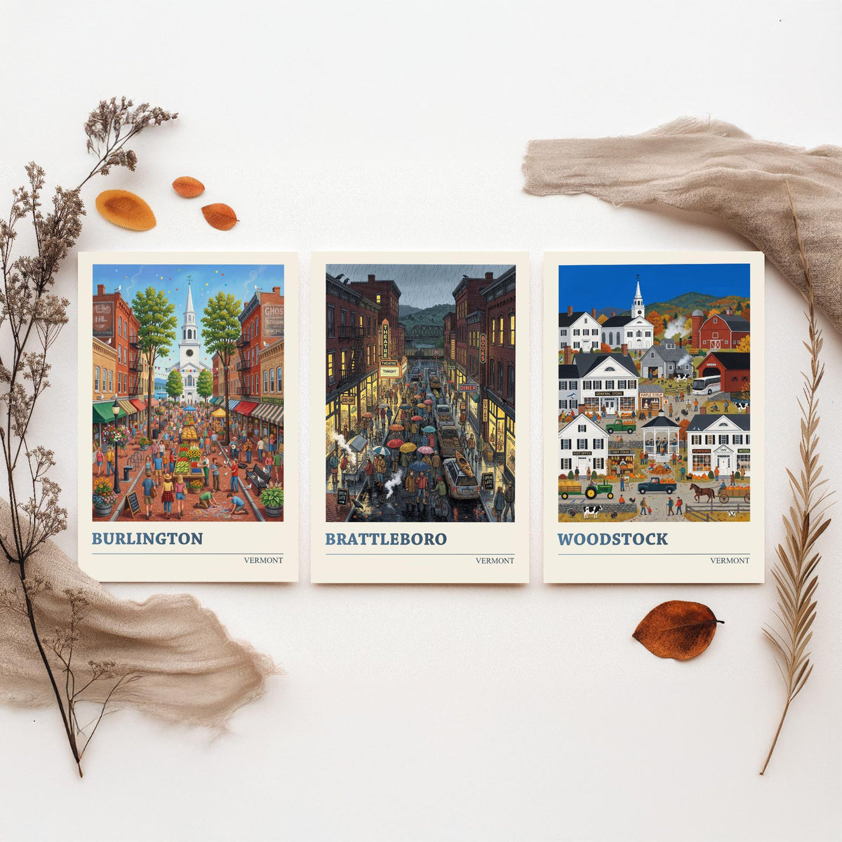 Vermont Set of Three Art Prints - Burlington, Brattleboro, Woodstock - 3 Colourful Folk Illustration Travel Posters - New England Painting