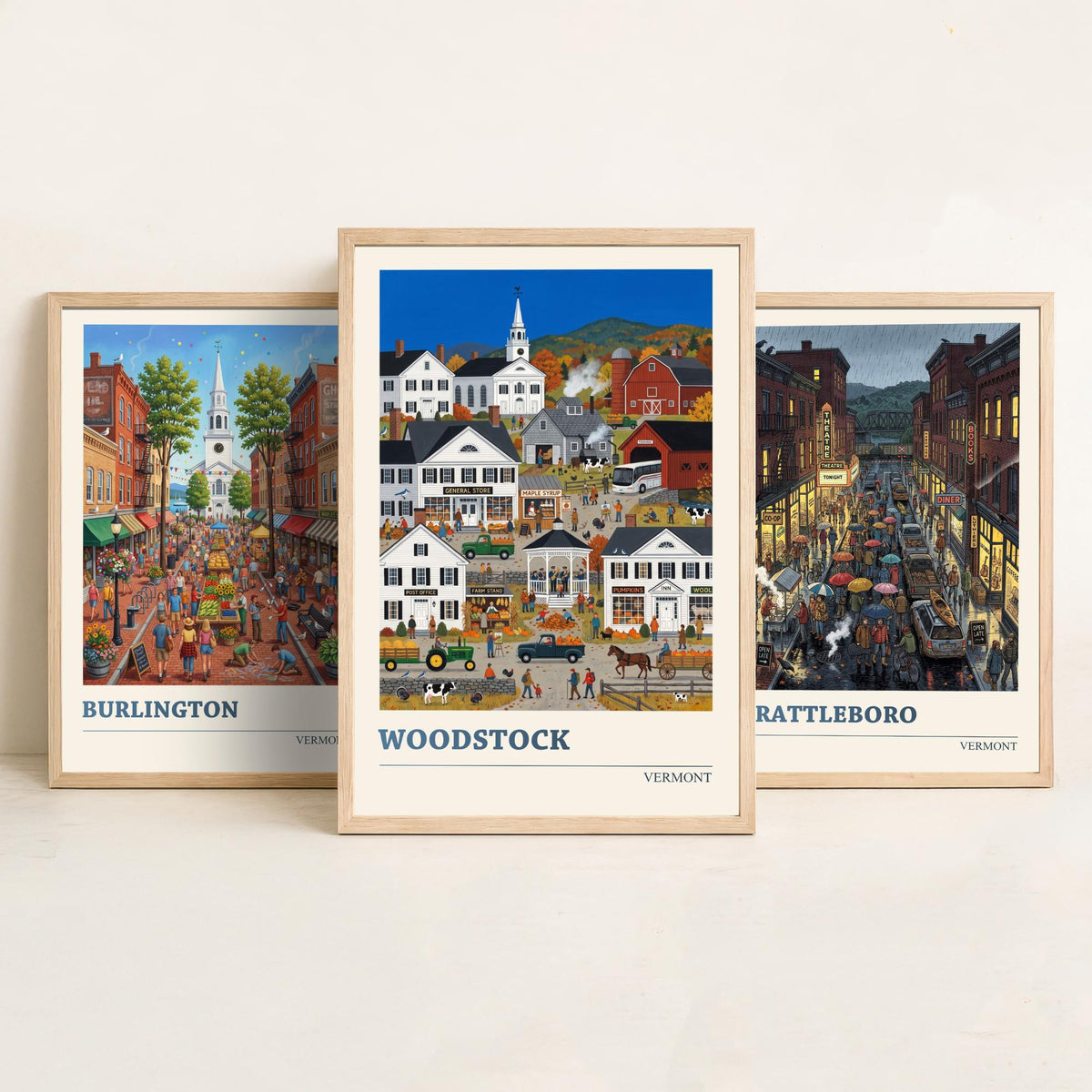 Vermont Set of Three Art Prints - Burlington, Brattleboro, Woodstock - 3 Colourful Folk Illustration Travel Posters - New England Painting
