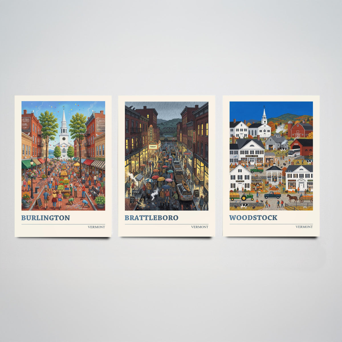 Vermont Set of Three Art Prints - Burlington, Brattleboro, Woodstock - 3 Colourful Folk Illustration Travel Posters - New England Painting