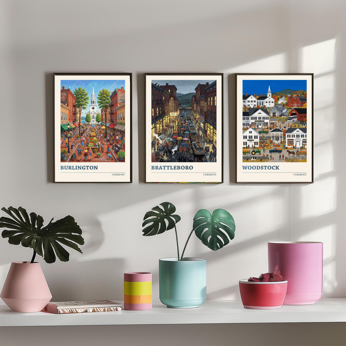 Vermont Set of Three Art Prints - Burlington, Brattleboro, Woodstock - 3 Colourful Folk Illustration Travel Posters - New England Painting