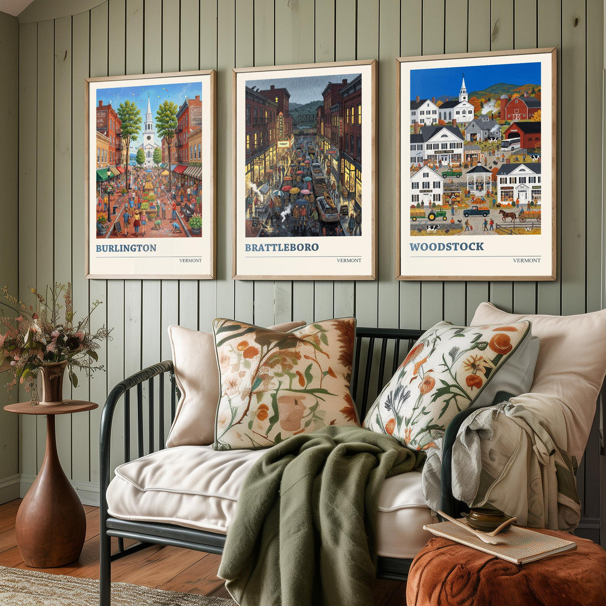 Vermont Set of Three Art Prints - Burlington, Brattleboro, Woodstock - 3 Colourful Folk Illustration Travel Posters - New England Painting