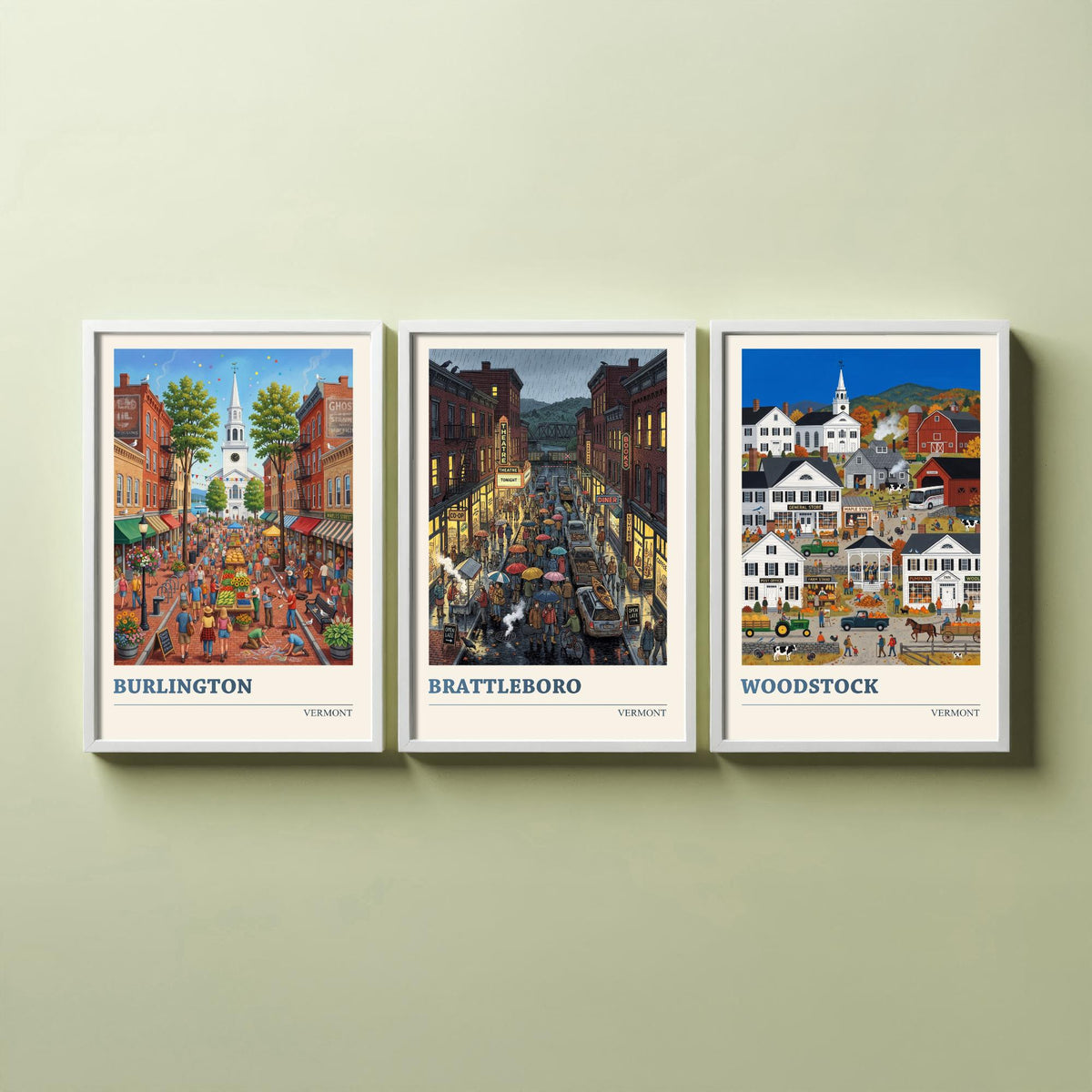 Vermont Set of Three Art Prints - Burlington, Brattleboro, Woodstock - 3 Colourful Folk Illustration Travel Posters - New England Painting
