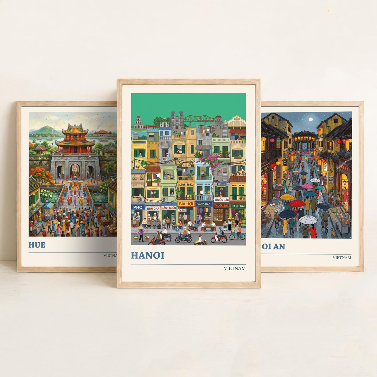 Vietnam Set of Three Art Prints - Hue, Hoi An, Hanoi - 3 Colourful Folk Illustration Travel Posters - Vietnamese Painting