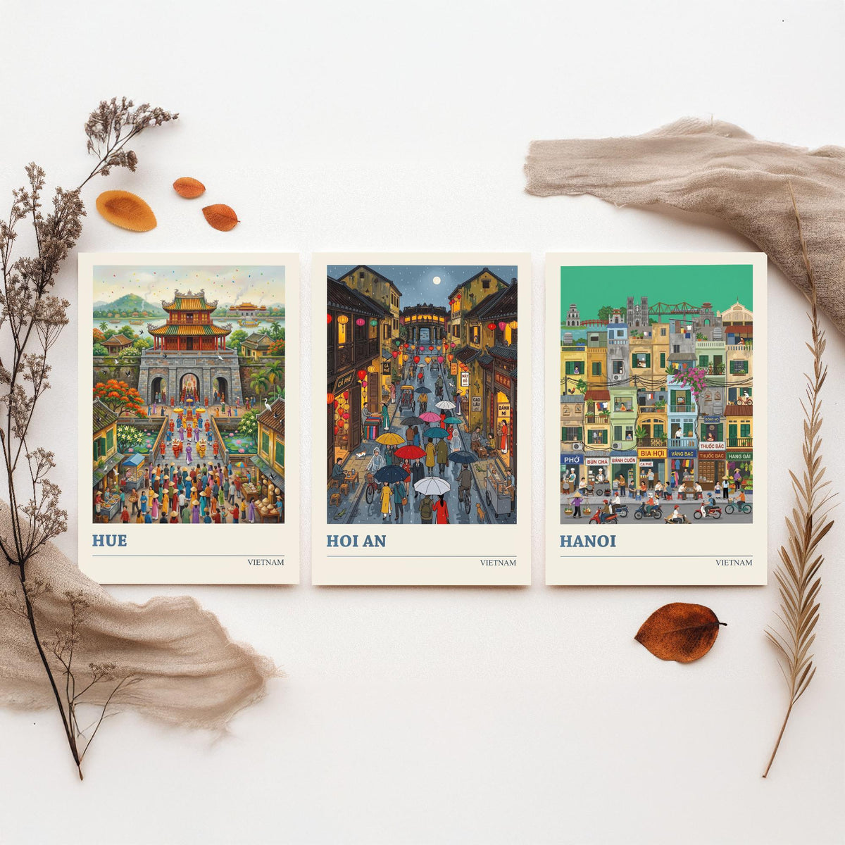 Vietnam Set of Three Art Prints - Hue, Hoi An, Hanoi - 3 Colourful Folk Illustration Travel Posters - Vietnamese Painting