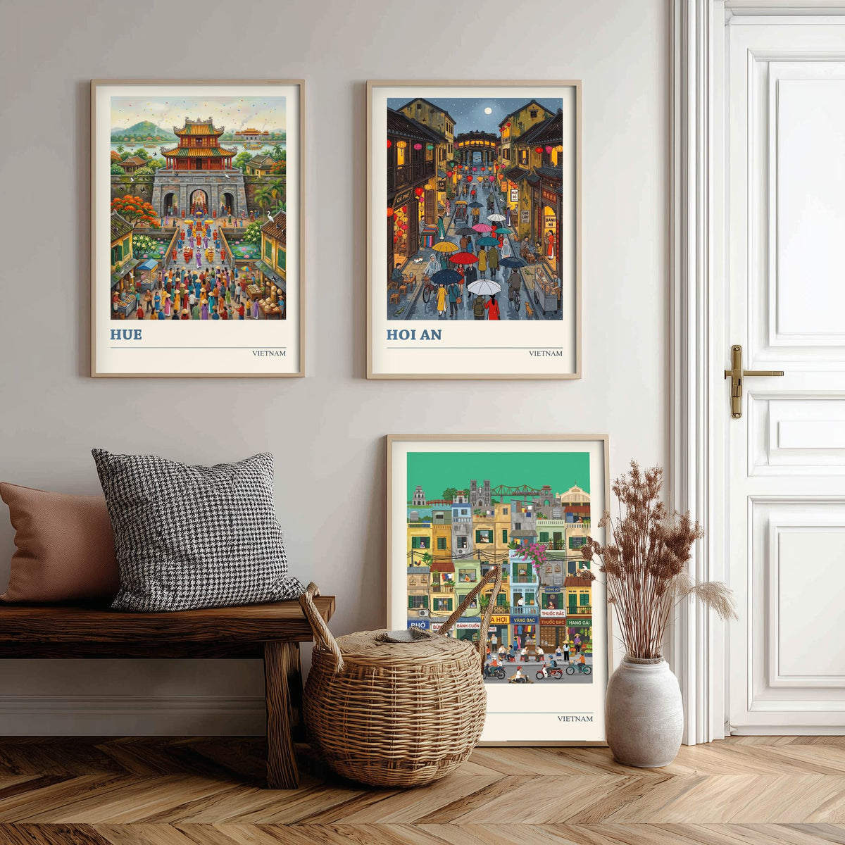 Vietnam Set of Three Art Prints - Hue, Hoi An, Hanoi - 3 Colourful Folk Illustration Travel Posters - Vietnamese Painting