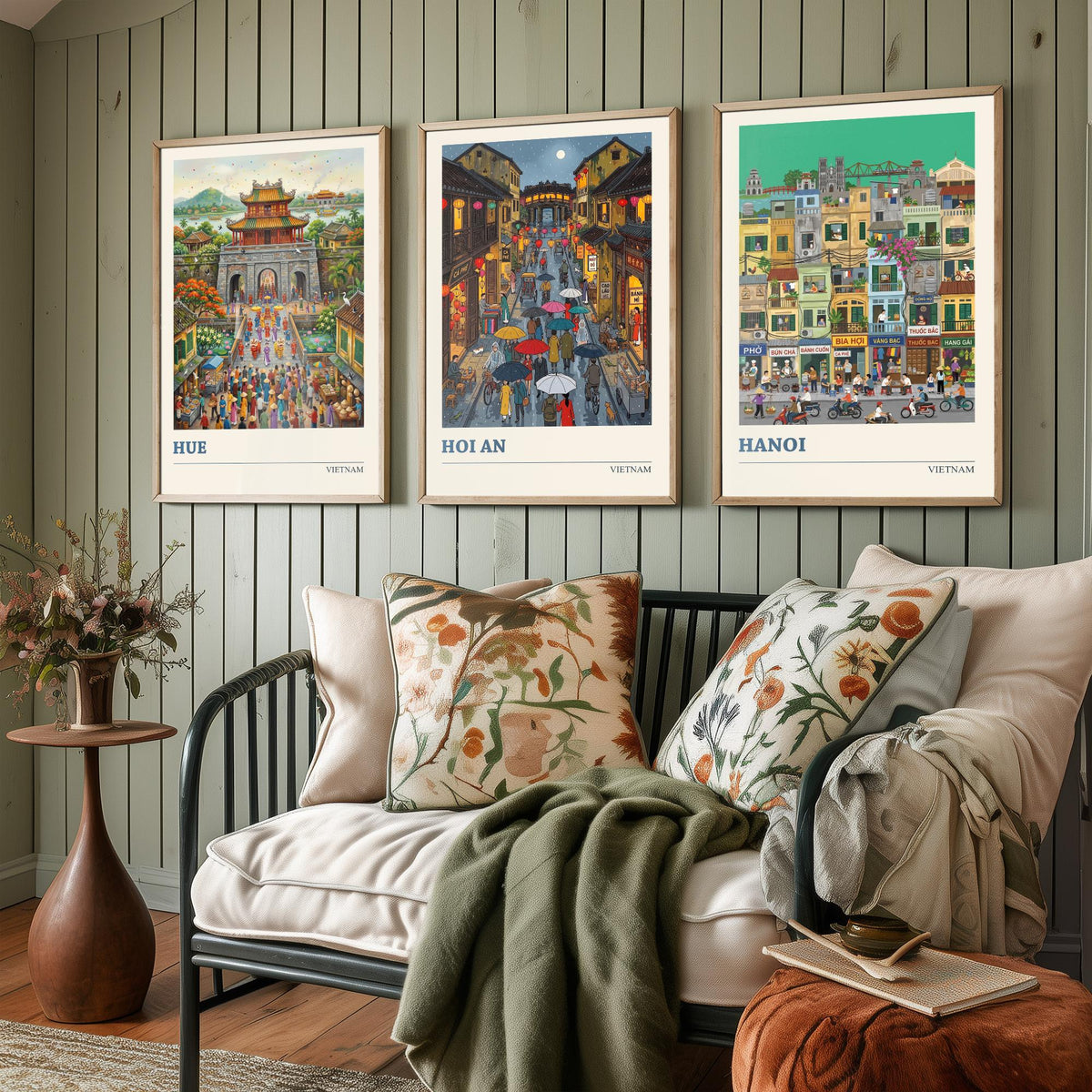 Vietnam Set of Three Art Prints - Hue, Hoi An, Hanoi - 3 Colourful Folk Illustration Travel Posters - Vietnamese Painting