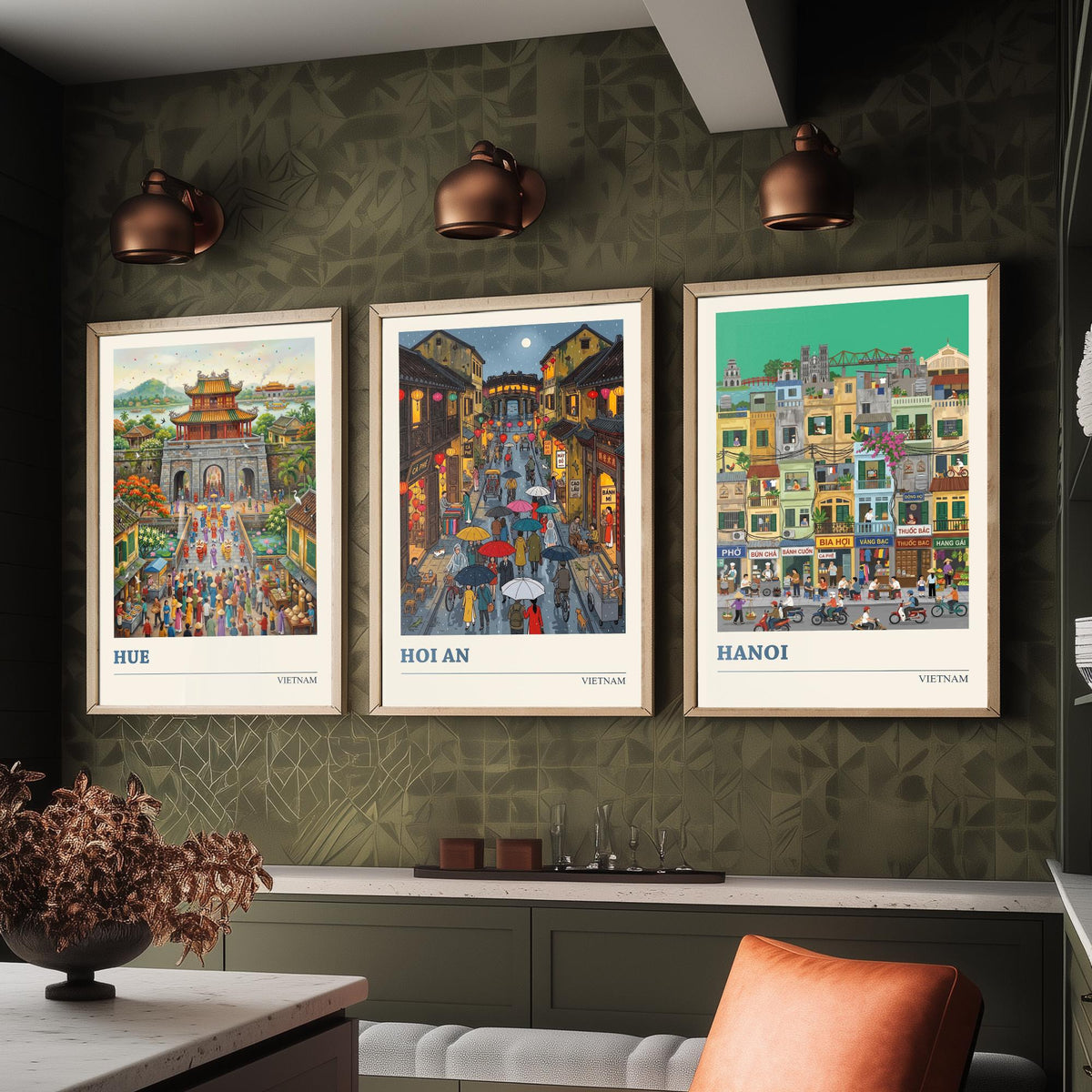 Vietnam Set of Three Art Prints - Hue, Hoi An, Hanoi - 3 Colourful Folk Illustration Travel Posters - Vietnamese Painting