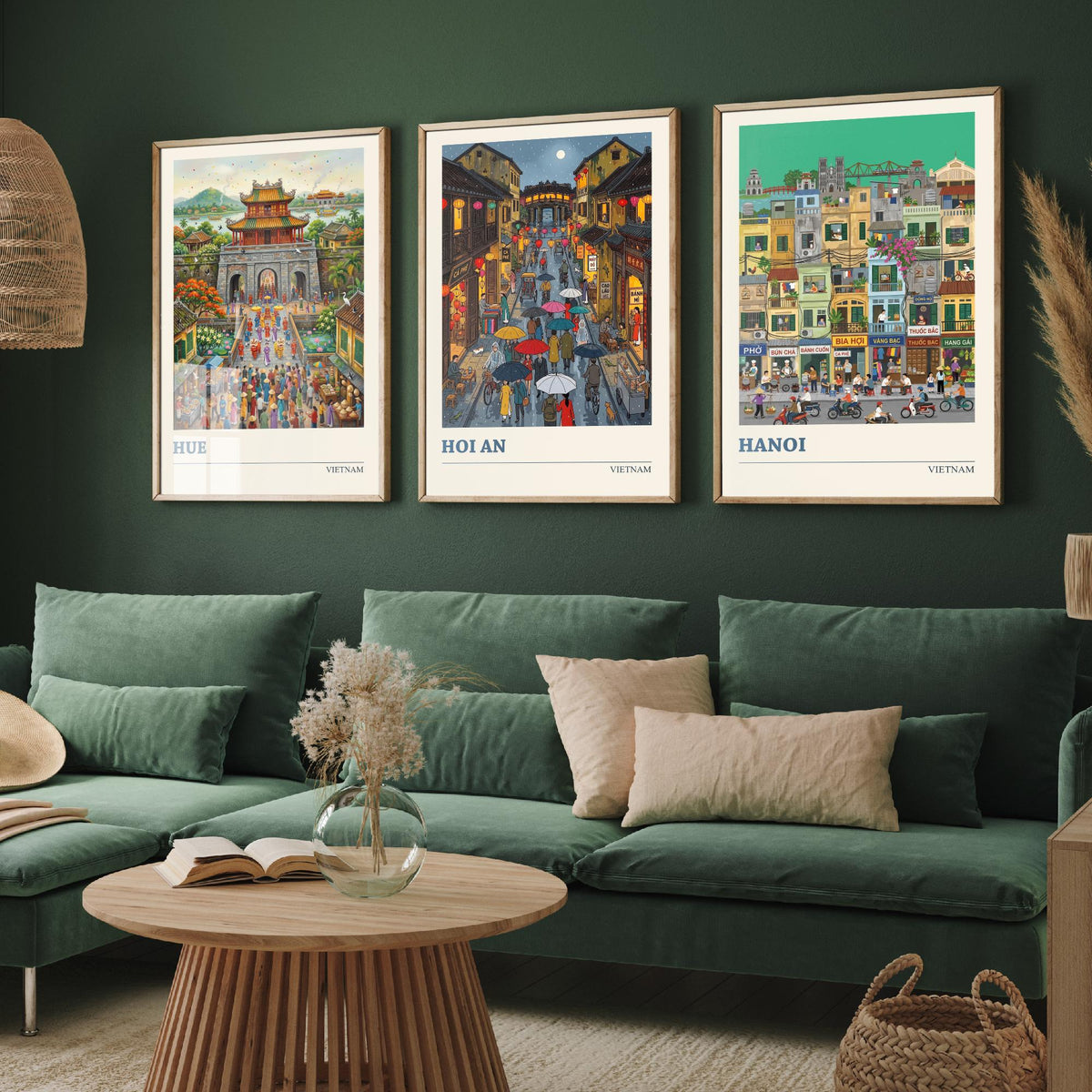 Vietnam Set of Three Art Prints - Hue, Hoi An, Hanoi - 3 Colourful Folk Illustration Travel Posters - Vietnamese Painting