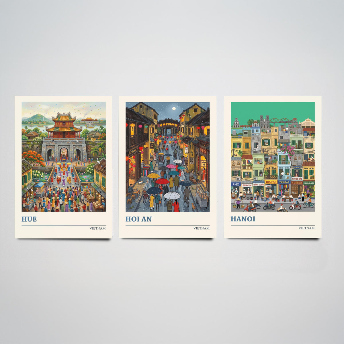 Vietnam Set of Three Art Prints - Hue, Hoi An, Hanoi - 3 Colourful Folk Illustration Travel Posters - Vietnamese Painting