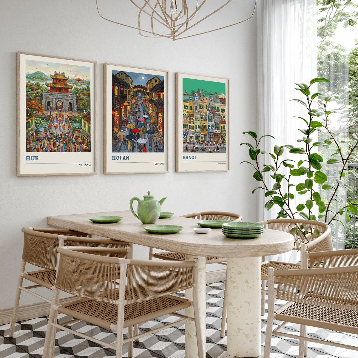 Vietnam Set of Three Art Prints - Hue, Hoi An, Hanoi - 3 Colourful Folk Illustration Travel Posters - Vietnamese Painting