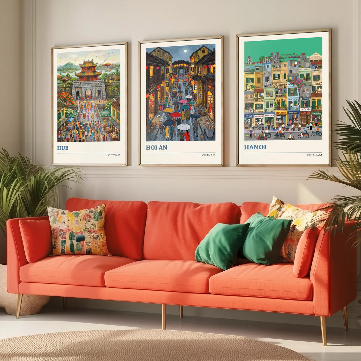 Vietnam Set of Three Art Prints - Hue, Hoi An, Hanoi - 3 Colourful Folk Illustration Travel Posters - Vietnamese Painting