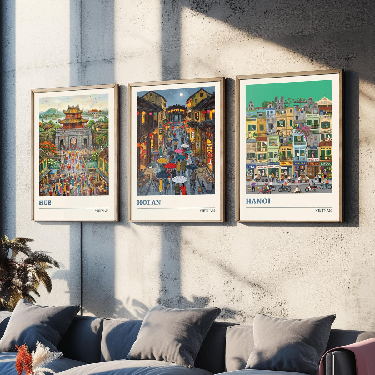 Vietnam Set of Three Art Prints - Hue, Hoi An, Hanoi - 3 Colourful Folk Illustration Travel Posters - Vietnamese Painting