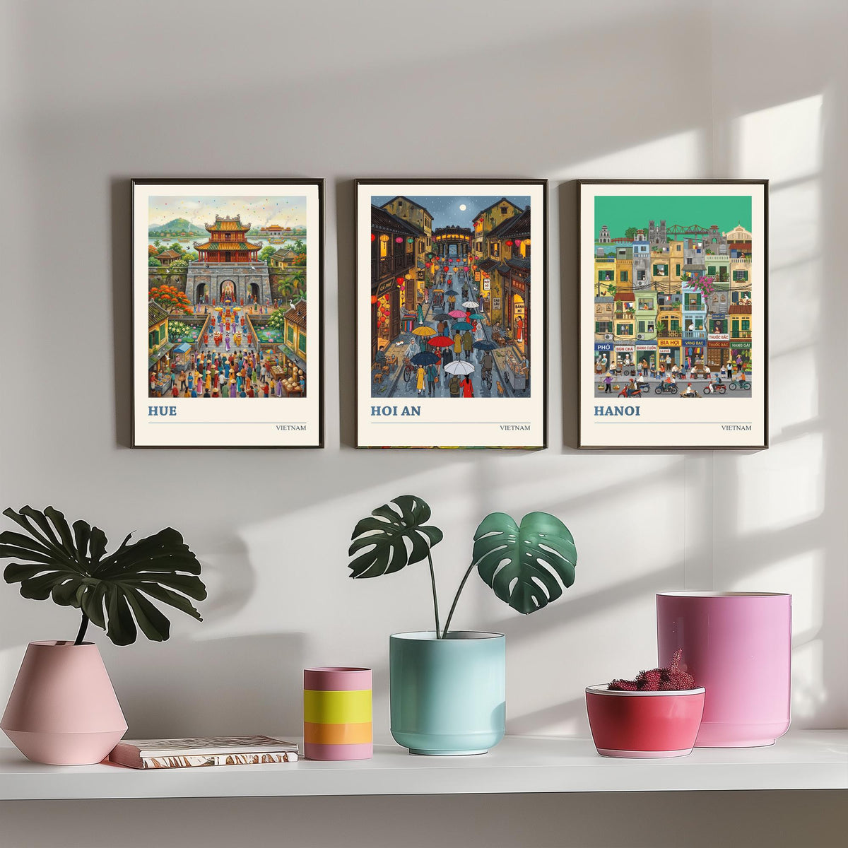 Vietnam Set of Three Art Prints - Hue, Hoi An, Hanoi - 3 Colourful Folk Illustration Travel Posters - Vietnamese Painting