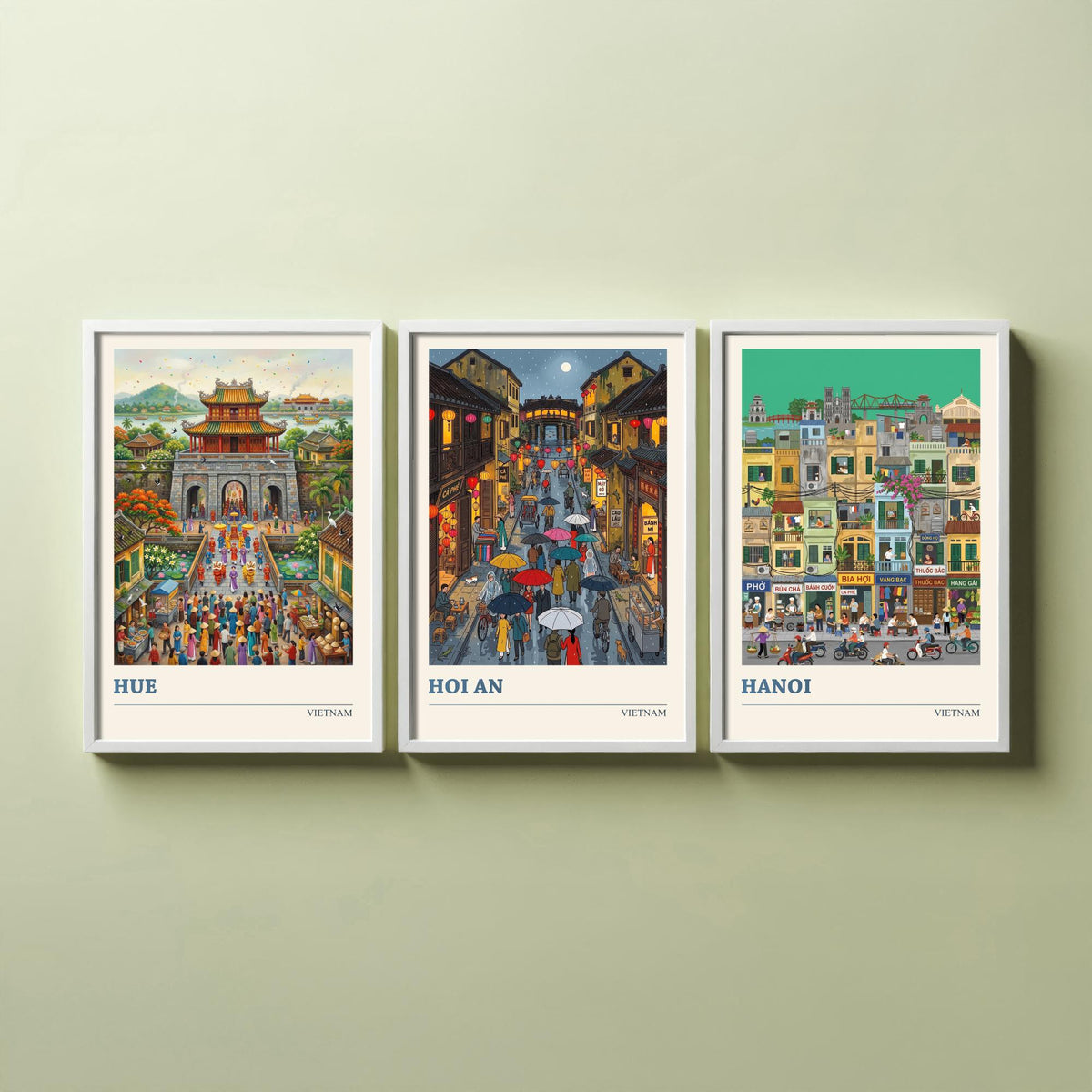Vietnam Set of Three Art Prints - Hue, Hoi An, Hanoi - 3 Colourful Folk Illustration Travel Posters - Vietnamese Painting