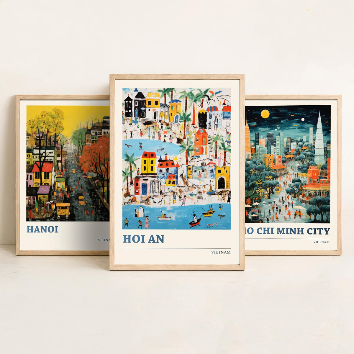 Hanoi, Ho Chi Minh City and Hoi An Set of Three Art Prints - Vietnam Ludwig Modern Naive Travel Poster Illustration