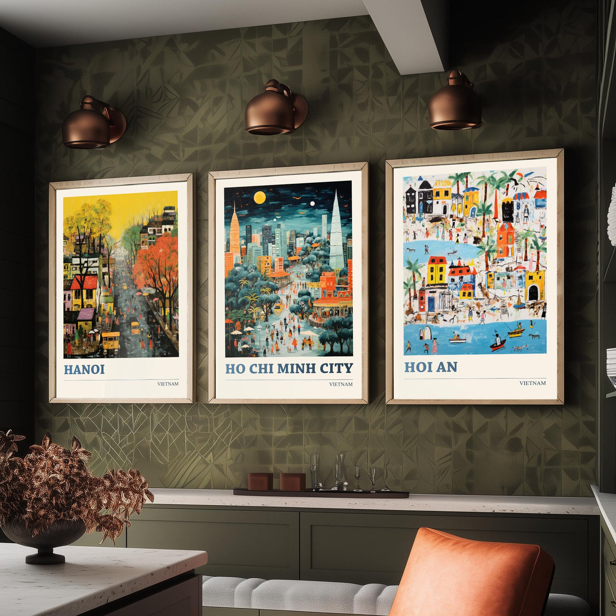 Hanoi, Ho Chi Minh City and Hoi An Set of Three Art Prints - Vietnam Ludwig Modern Naive Travel Poster Illustration
