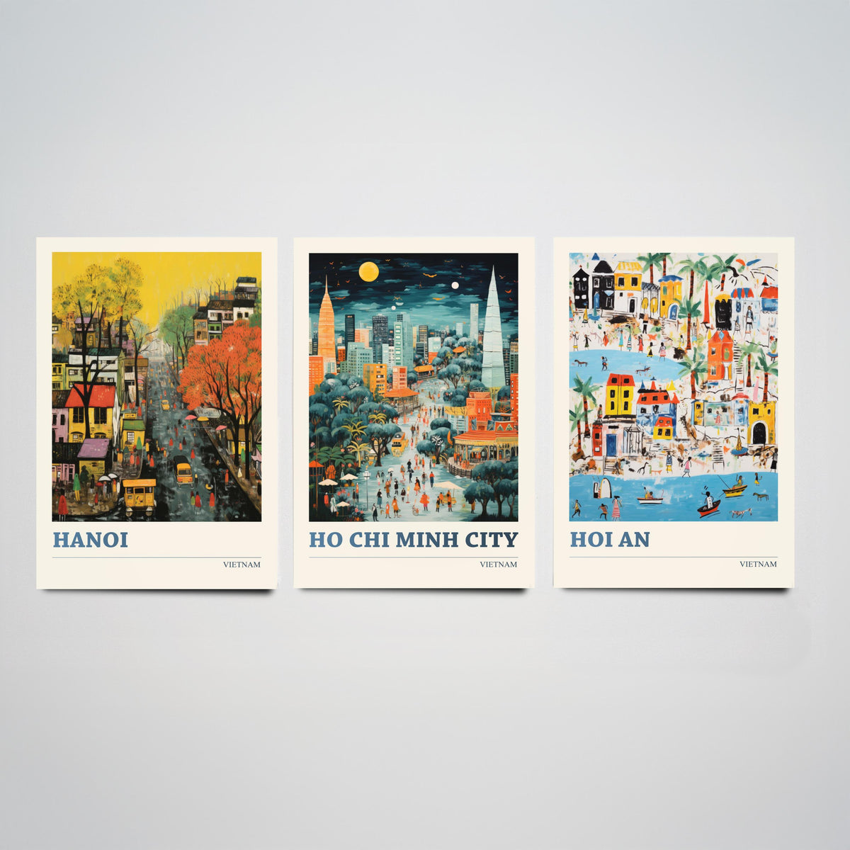 Hanoi, Ho Chi Minh City and Hoi An Set of Three Art Prints - Vietnam Ludwig Modern Naive Travel Poster Illustration