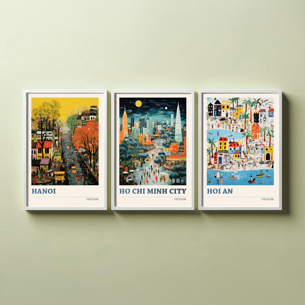 Hanoi, Ho Chi Minh City and Hoi An Set of Three Art Prints - Vietnam Ludwig Modern Naive Travel Poster Illustration