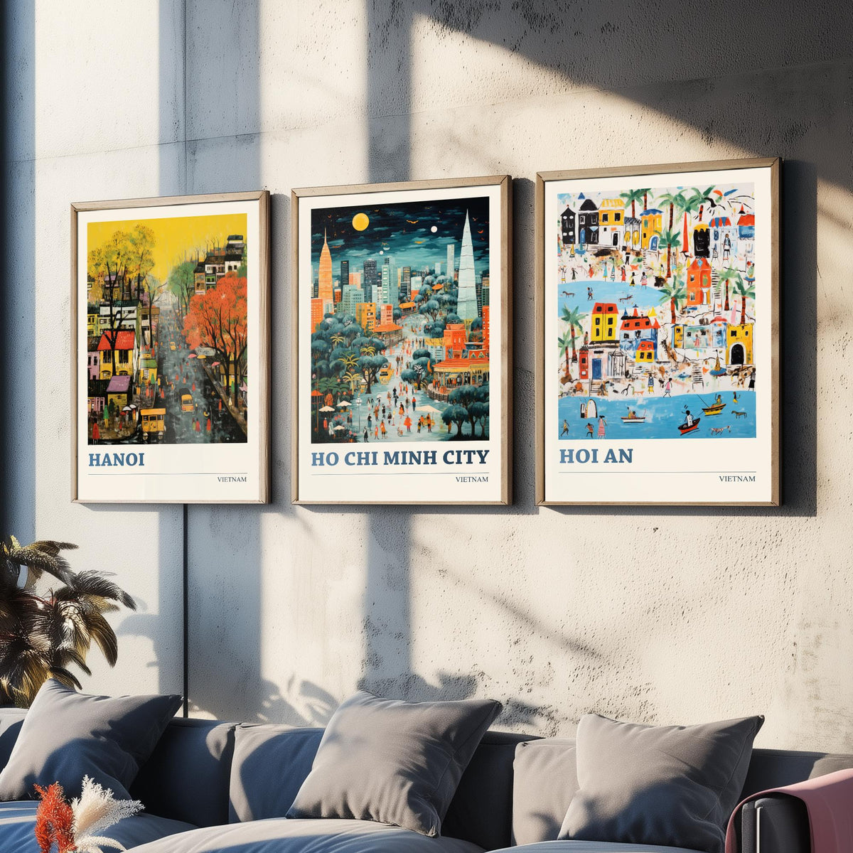 Hanoi, Ho Chi Minh City and Hoi An Set of Three Art Prints - Vietnam Ludwig Modern Naive Travel Poster Illustration
