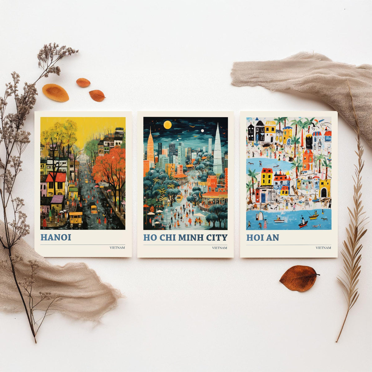 Hanoi, Ho Chi Minh City and Hoi An Set of Three Art Prints - Vietnam Ludwig Modern Naive Travel Poster Illustration