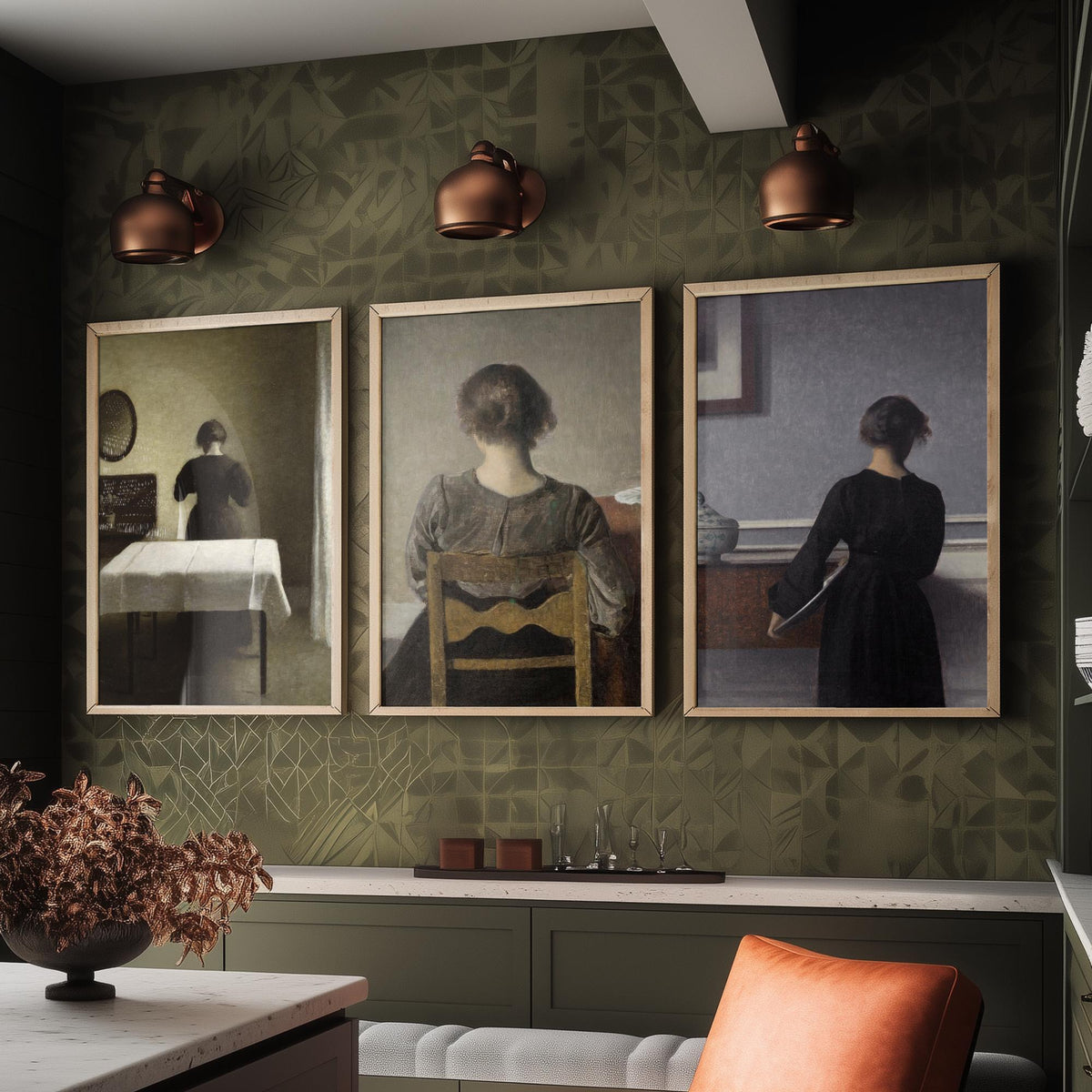 Vilhelm Hammershoi Set of Three Art Prints - Rest, Young Woman Seen from the Back, Quiet Interior - Danish Poster Painting