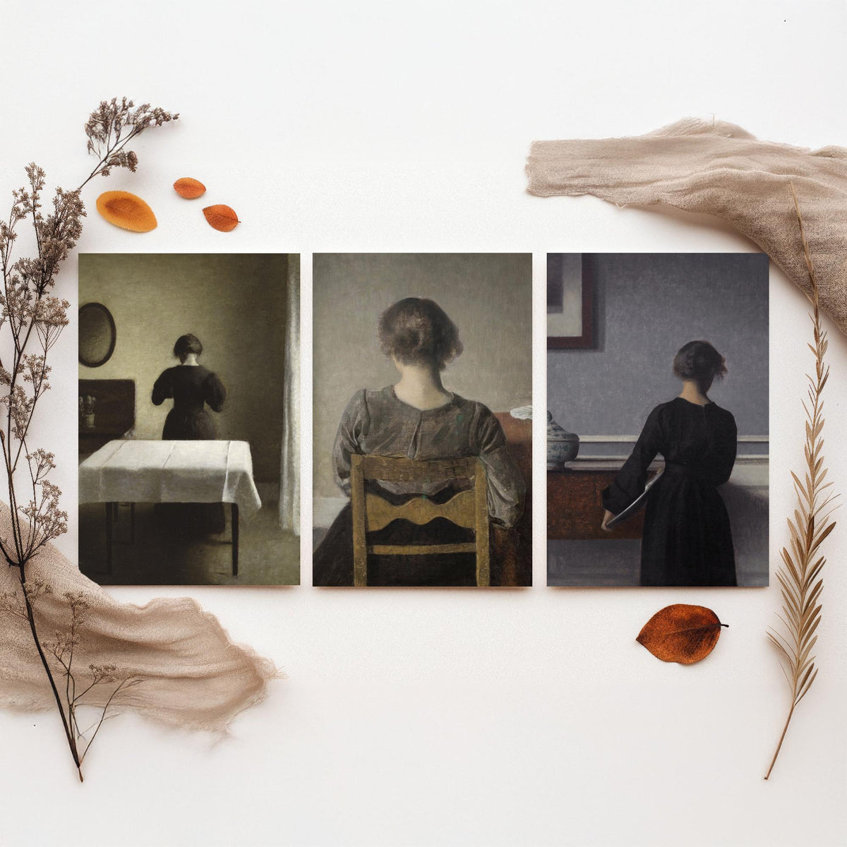 Vilhelm Hammershoi Set of Three Art Prints - Rest, Young Woman Seen from the Back, Quiet Interior - Danish Poster Painting