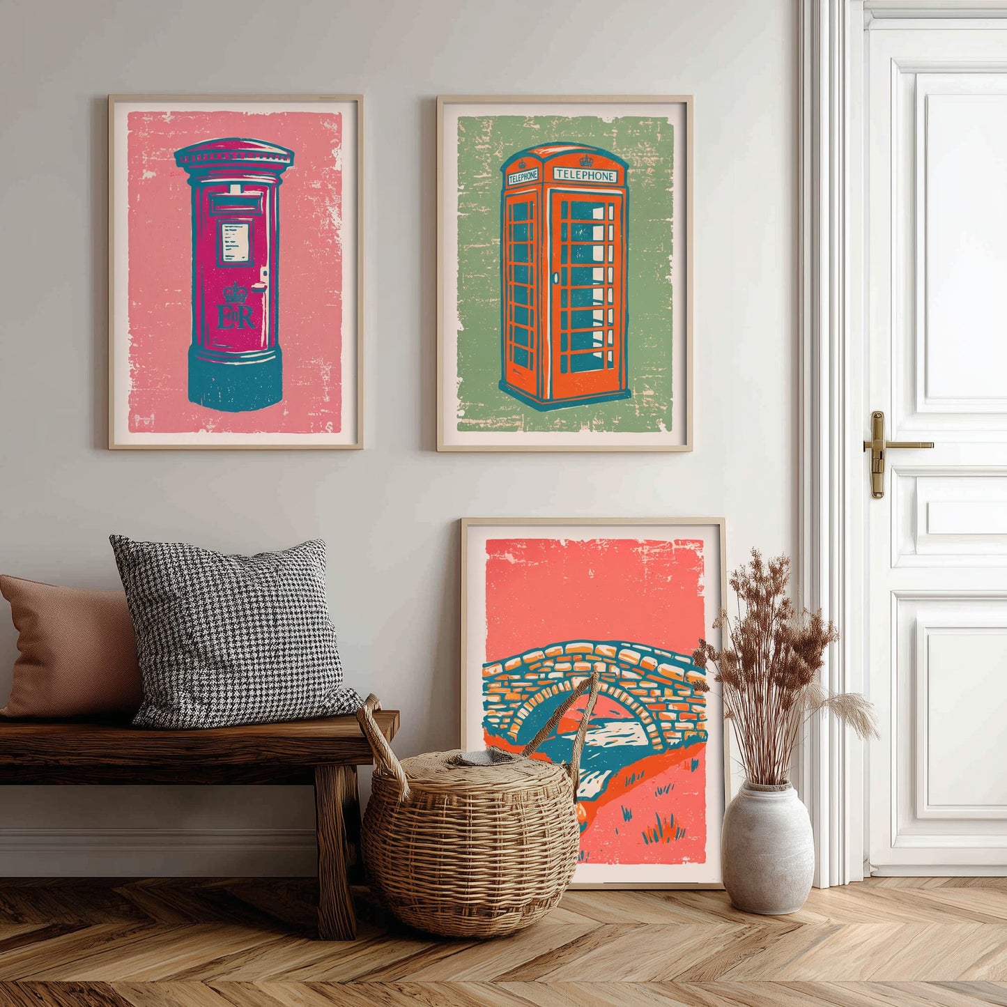 Post Box, Telephone Box & Stone Bridge - Set of Three Village Art Prints - Linocut Illustrations - British Buildings Posters V2