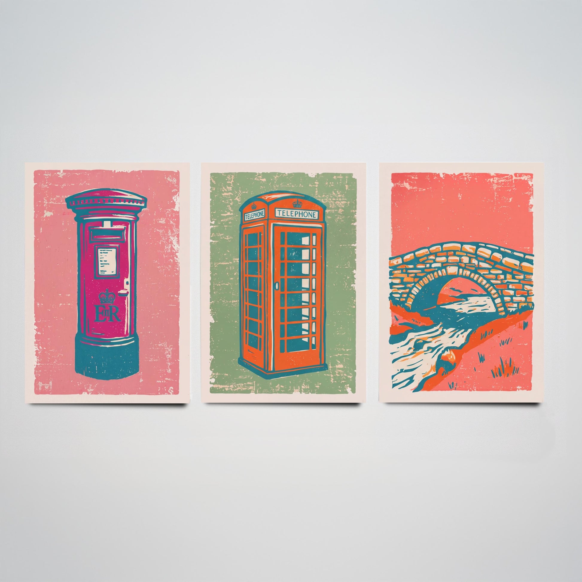Post Box, Telephone Box & Stone Bridge - Set of Three Village Art Prints - Linocut Illustrations - British Buildings Posters V2