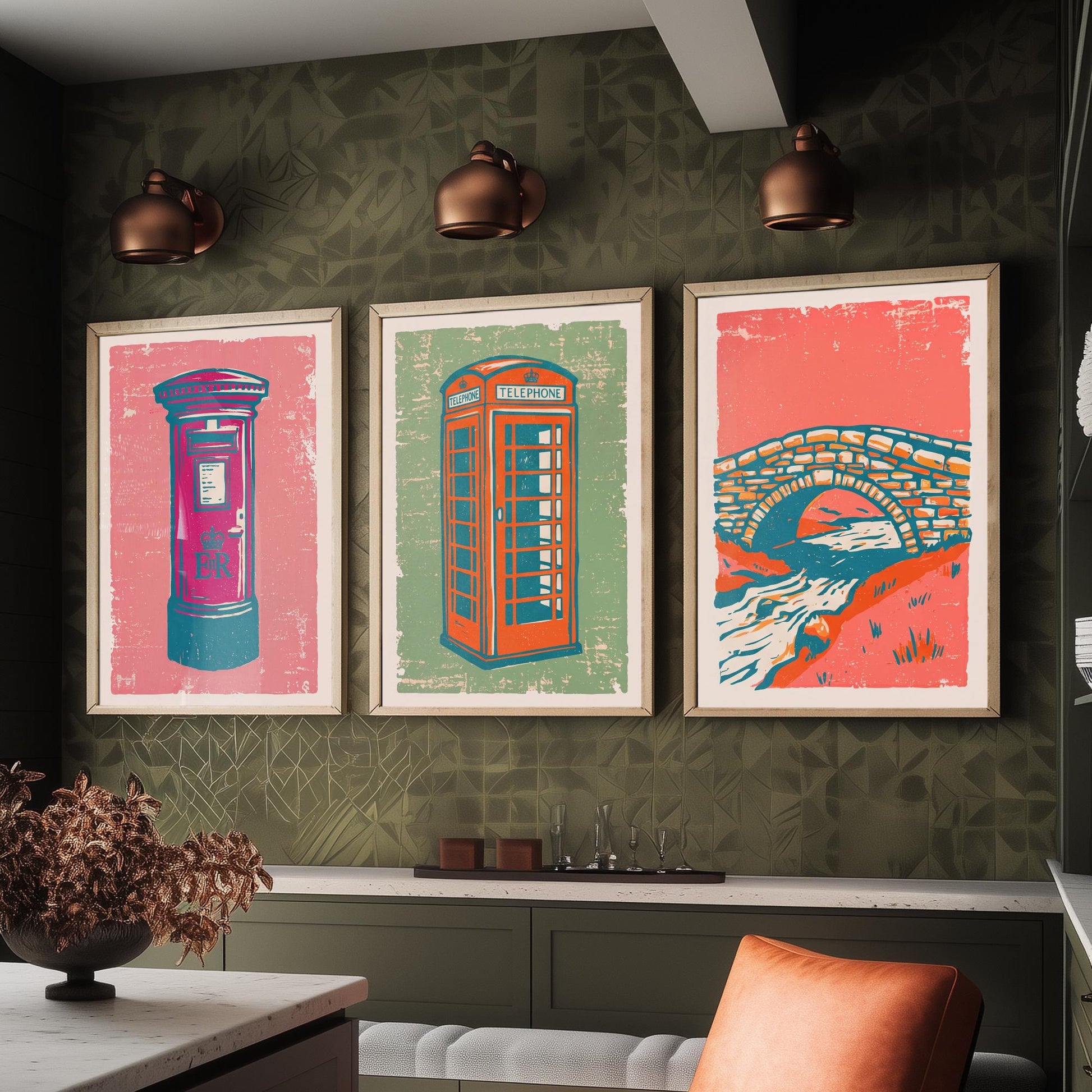 Post Box, Telephone Box & Stone Bridge - Set of Three Village Art Prints - Linocut Illustrations - British Buildings Posters V2