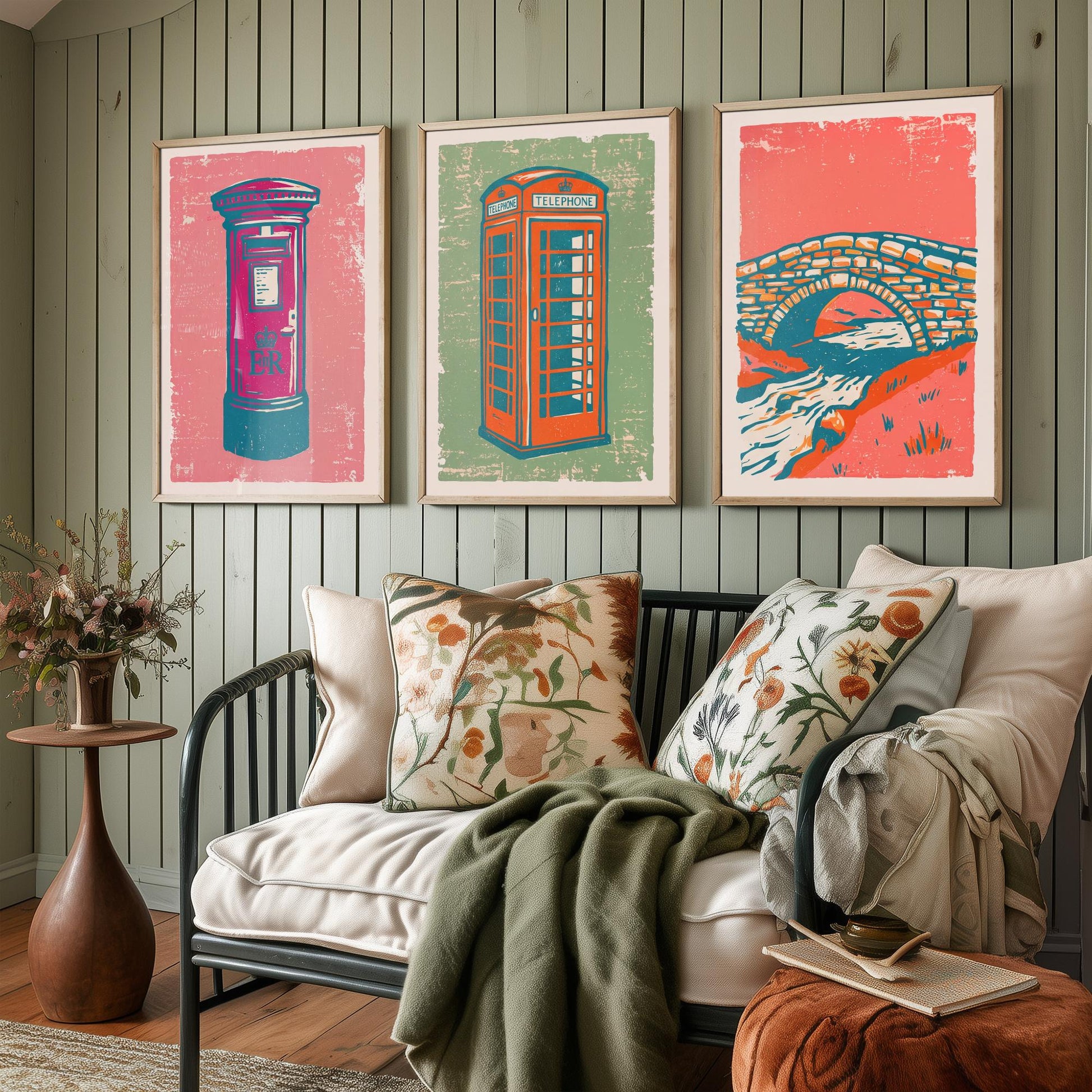 Post Box, Telephone Box & Stone Bridge - Set of Three Village Art Prints - Linocut Illustrations - British Buildings Posters V2
