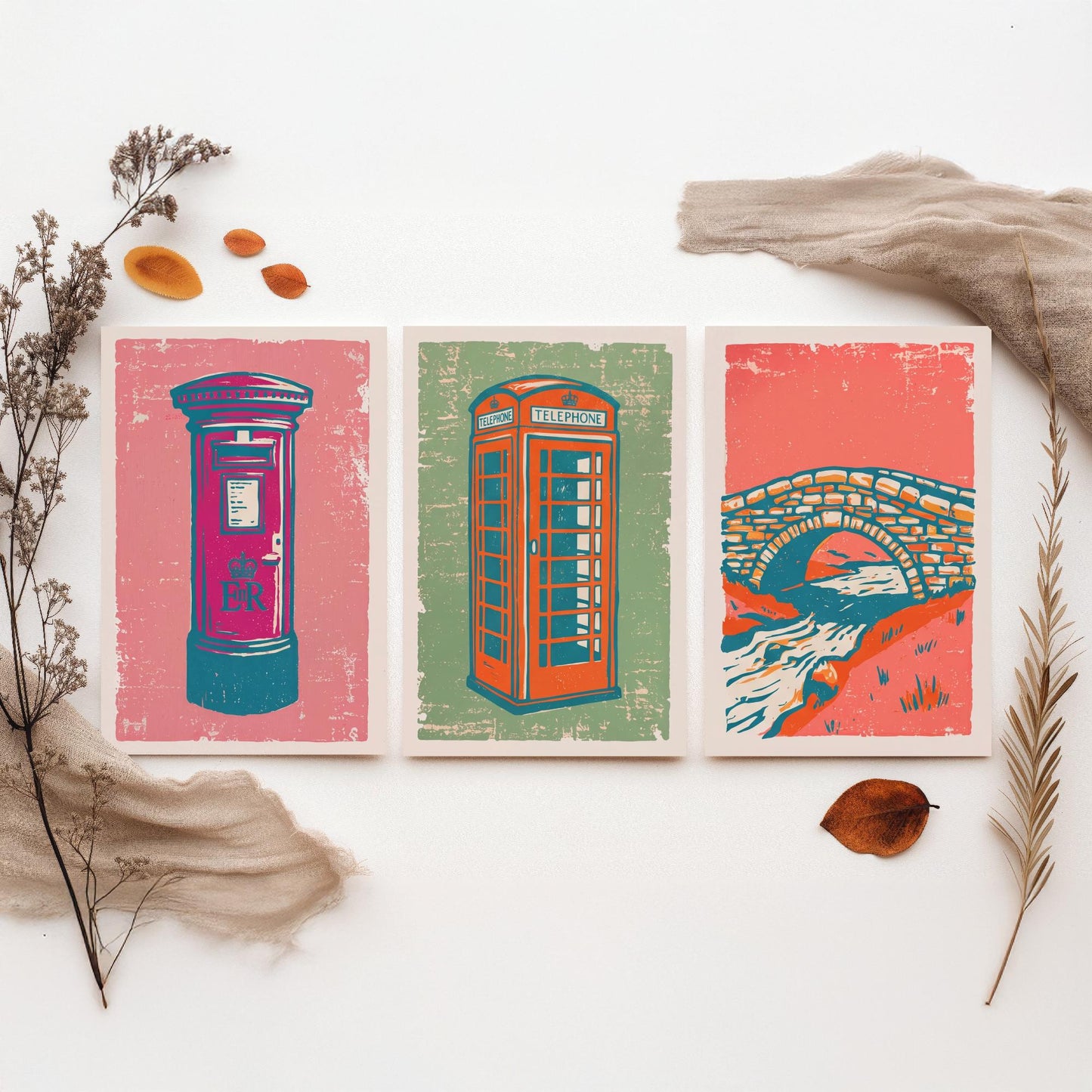 Post Box, Telephone Box & Stone Bridge - Set of Three Village Art Prints - Linocut Illustrations - British Buildings Posters V2