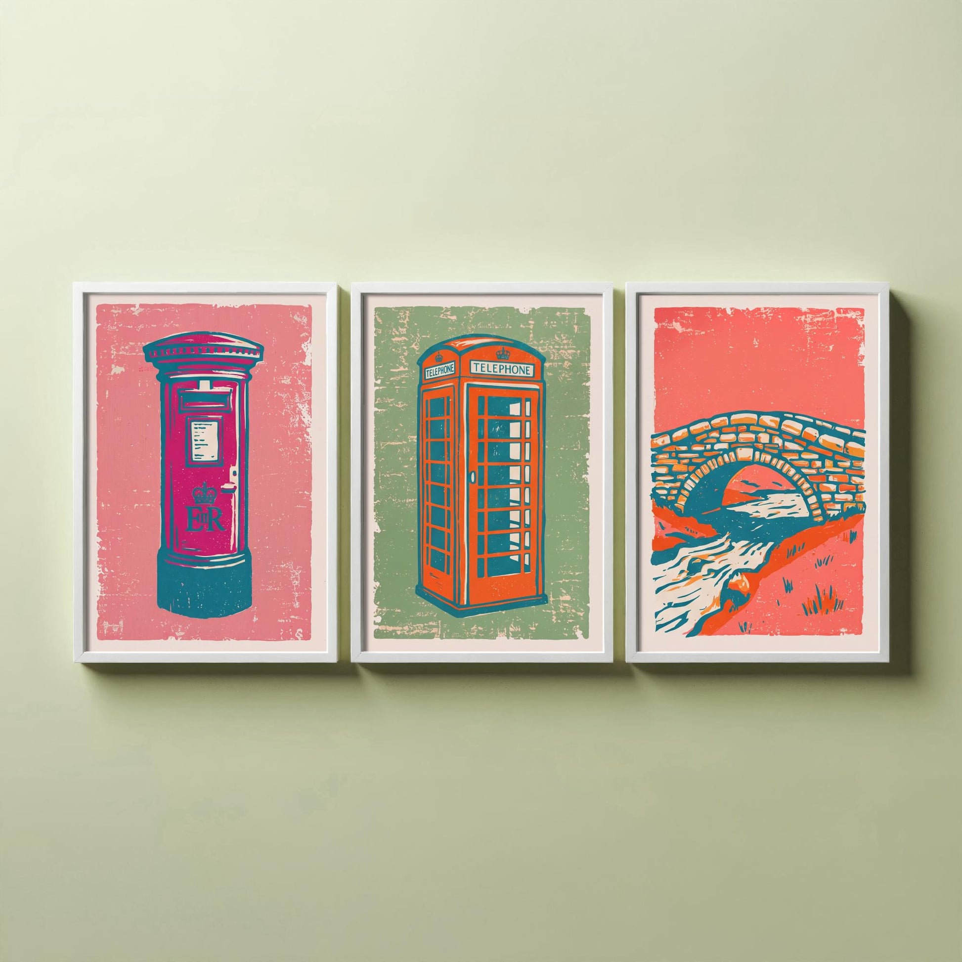 Post Box, Telephone Box & Stone Bridge - Set of Three Village Art Prints - Linocut Illustrations - British Buildings Posters V2