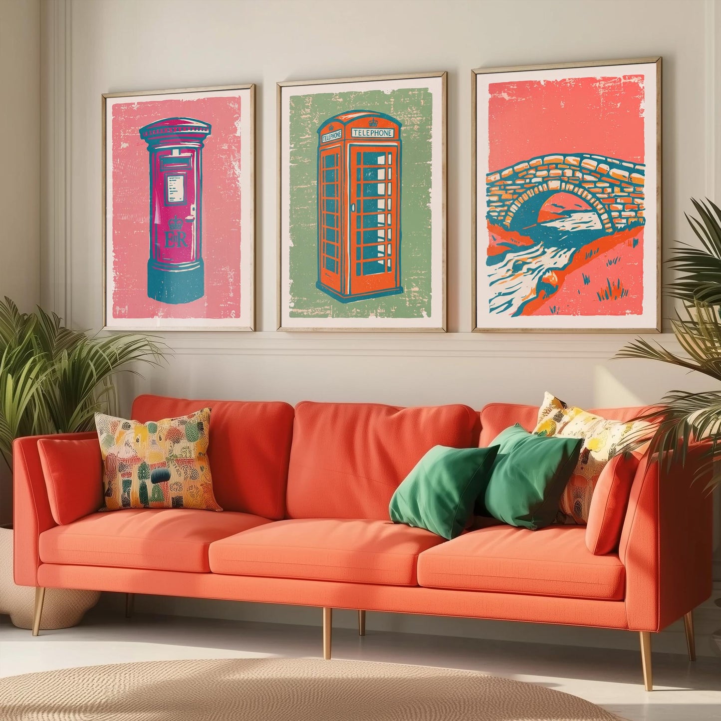 Post Box, Telephone Box & Stone Bridge - Set of Three Village Art Prints - Linocut Illustrations - British Buildings Posters V2