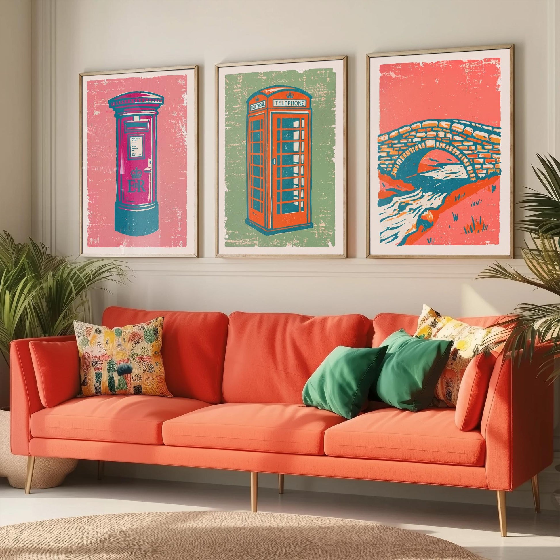 Post Box, Telephone Box & Stone Bridge - Set of Three Village Art Prints - Linocut Illustrations - British Buildings Posters V2