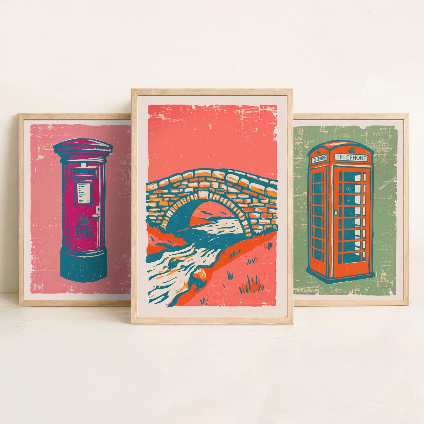 Post Box, Telephone Box & Stone Bridge - Set of Three Village Art Prints - Linocut Illustrations - British Buildings Posters V2