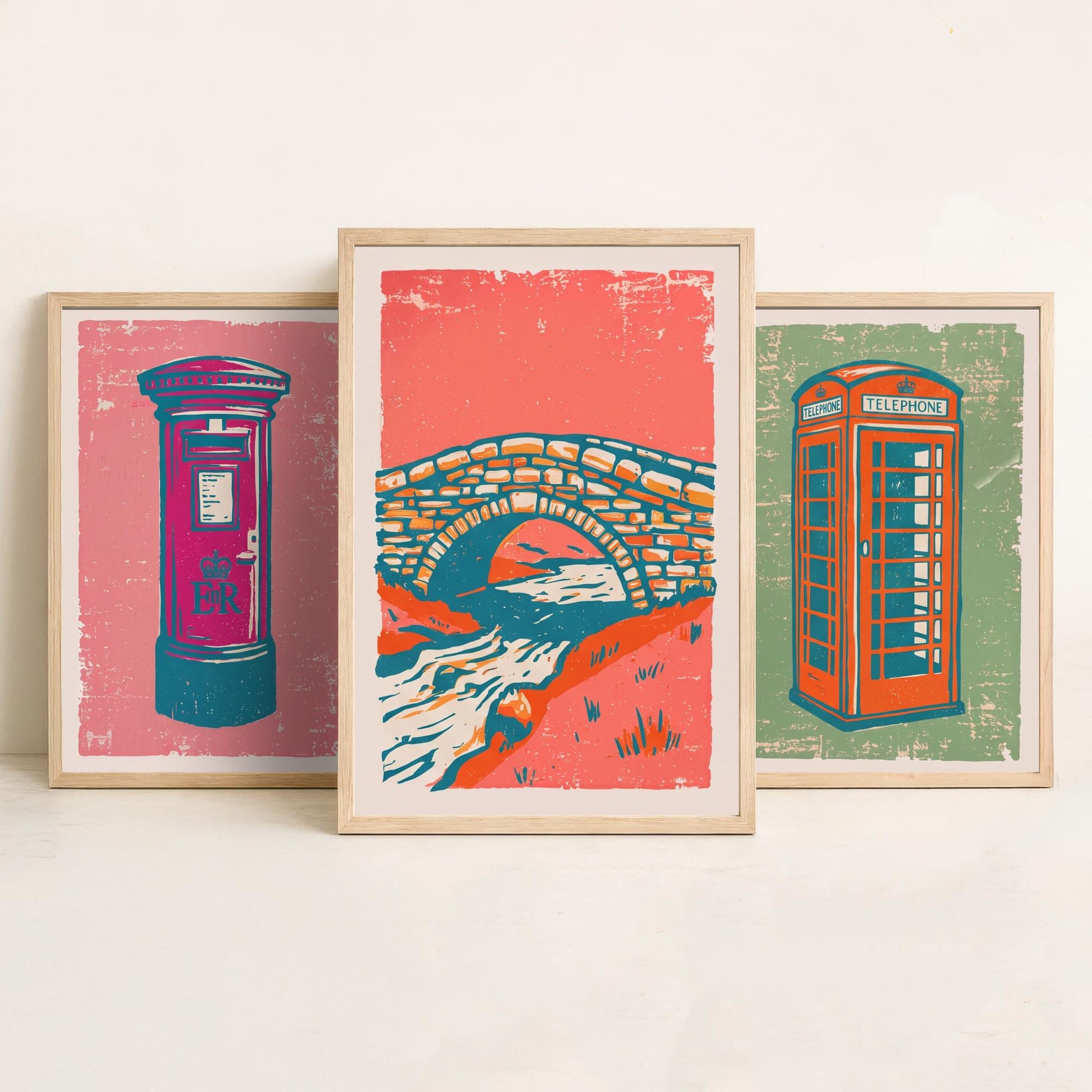 Post Box, Telephone Box & Stone Bridge - Set of Three Village Art Prints - Linocut Illustrations - British Buildings Posters V2