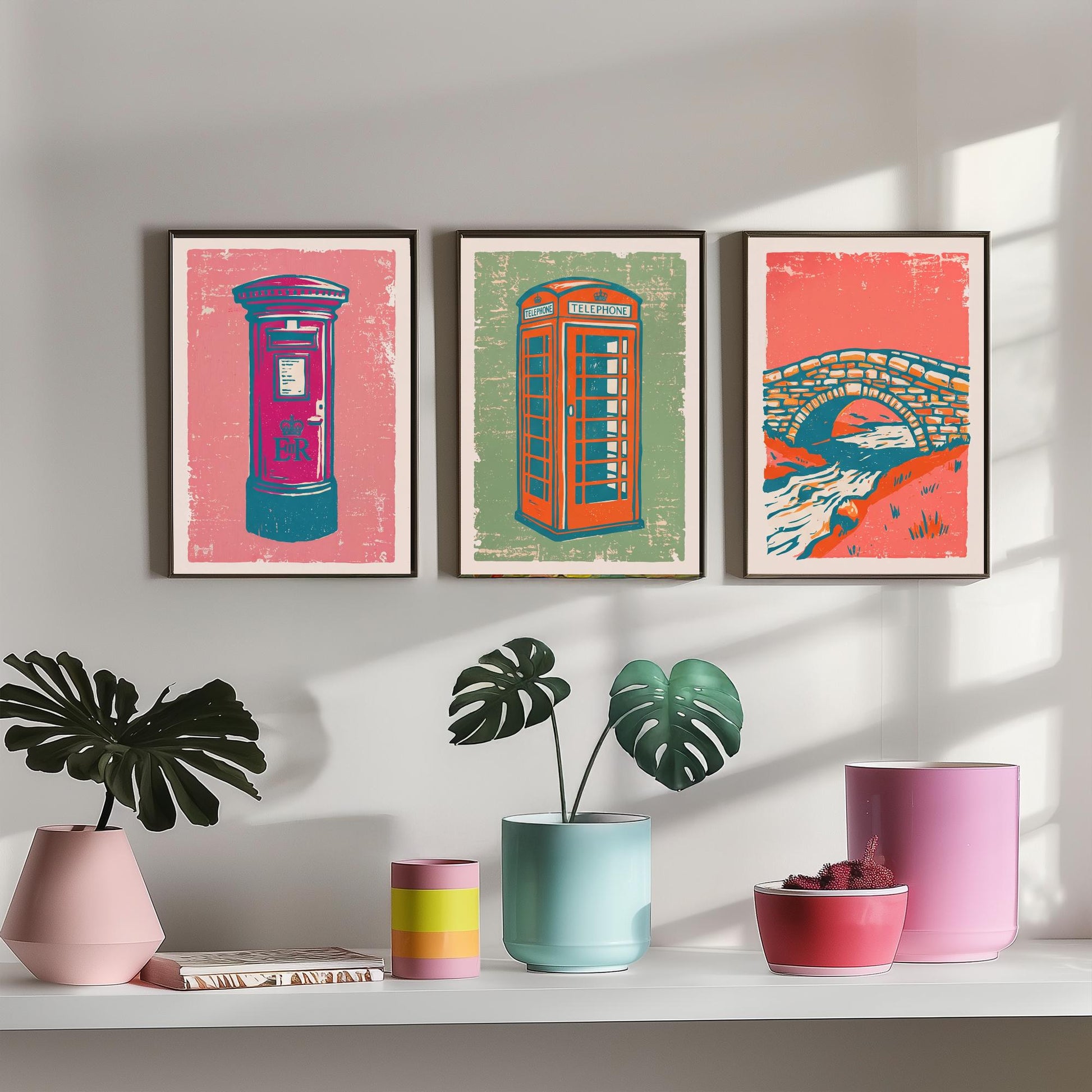 Post Box, Telephone Box & Stone Bridge - Set of Three Village Art Prints - Linocut Illustrations - British Buildings Posters V2