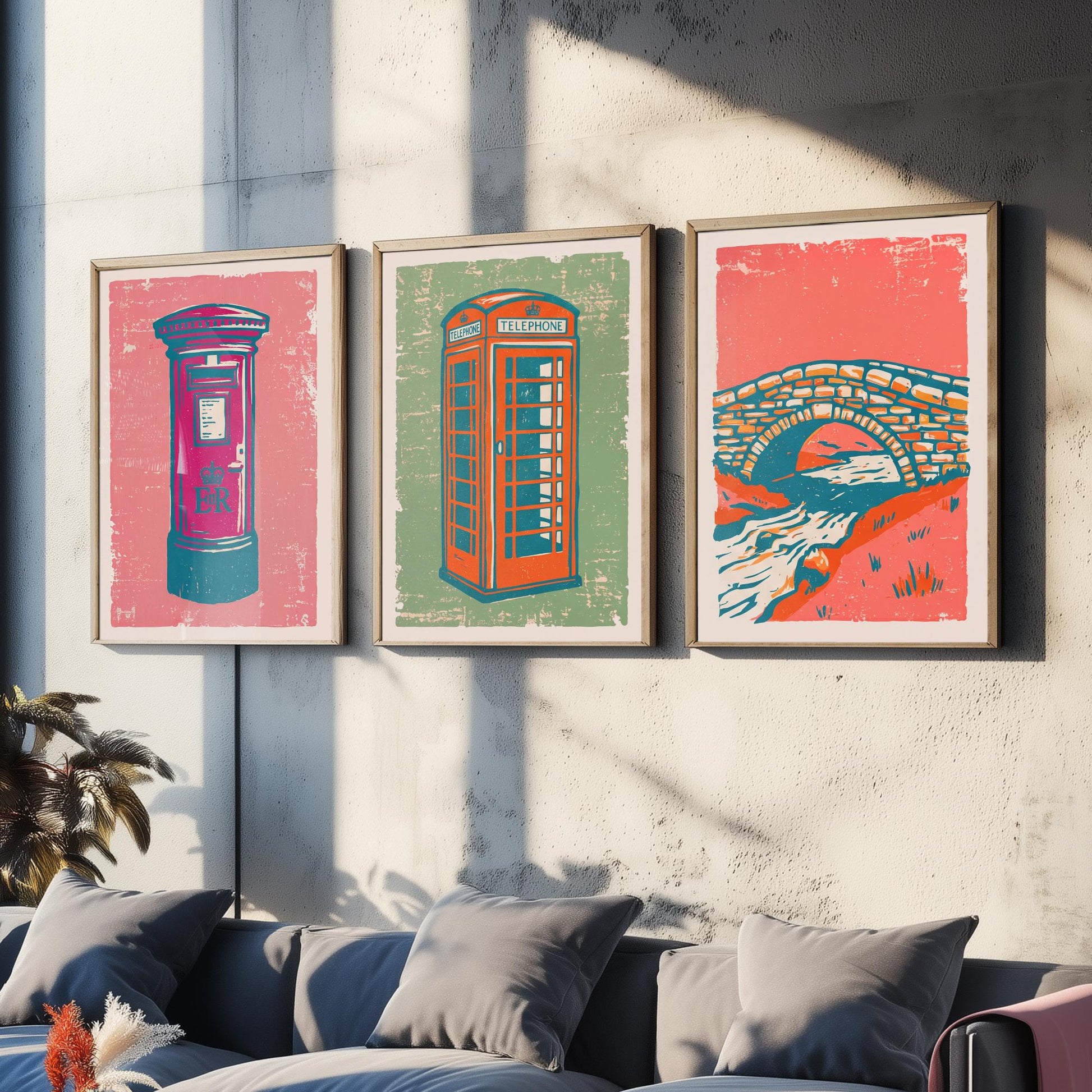 Post Box, Telephone Box & Stone Bridge - Set of Three Village Art Prints - Linocut Illustrations - British Buildings Posters V2